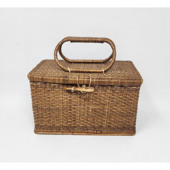 Other - VTG Woven Rattan Small Storage Box With Lid Boho Natural Basket Organizer 8x5x4